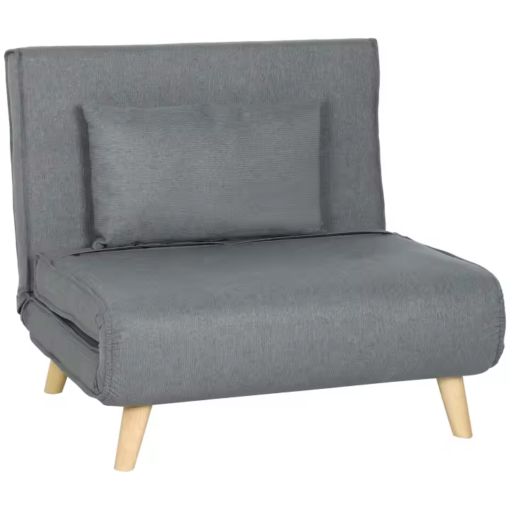 HOMCOM Sofá Cama de 1 Plaza 3 en 1, Sillón Cama Plegable Tapizado en Lino Sintético, con Respaldo Ajustable en 6 Niveles, Almohada, Asiento Ancho, Patas de Madera, 90x78x79 cm, Gris - 1
