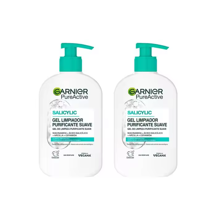 Garnier| Duplo Pure Active Gel limpiador Hidratante con Ácido Hialurónico, Ceramida y Arcilla elimina impurezas, grasa y maquillaje - 2x250ml - 1