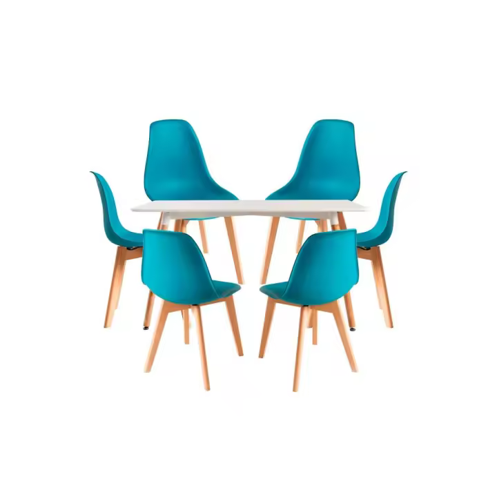 Conjunto Mesa Tower Rectangular 120 x 80 cm Blanca y Pack 6 Sillas Kelen - Verde azulado - 1