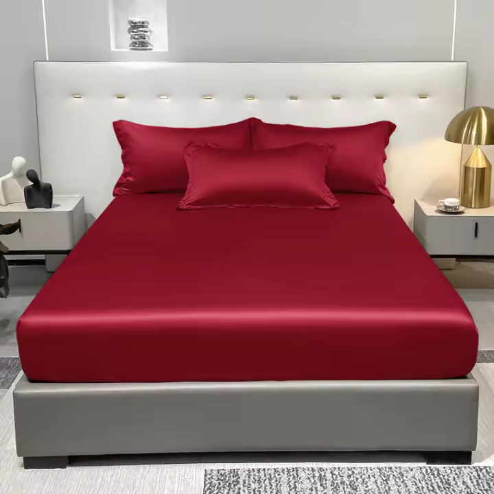 Sábana Sencilla Moderna De Satén En Color Sólido Talla Fitted Cola De Caballo En Rojo Vino Sábana De Cama De Seda Helada Para Dormitorio Conjunto De Ropa De Cama (Excluye Fundas De Almohada) - 1