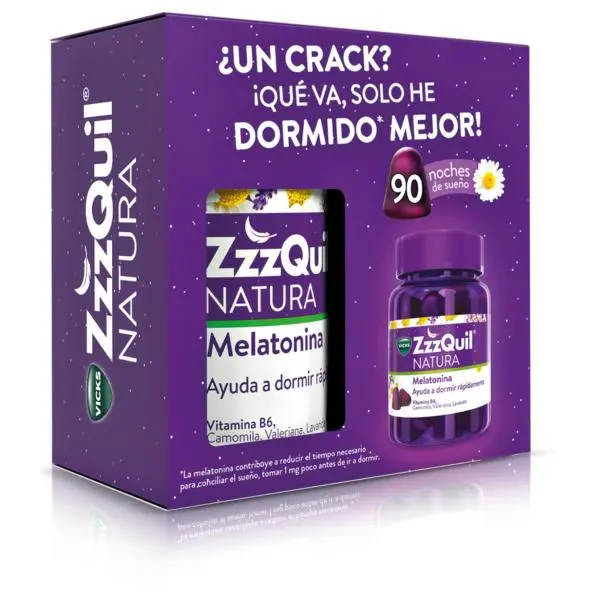 ZzzQuil NATURA Gominolas para Dormir con Melatonina, Camomila y Valeriana - 90 Unidades, Sabor Frutos del Bosque - 1