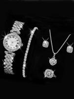 Juego De 5 Piezas Reloj De Pulsera Para Mujer Con Anillo Collar Y Pendientes De Strass Moda Casual Joyería Femenina - details 2