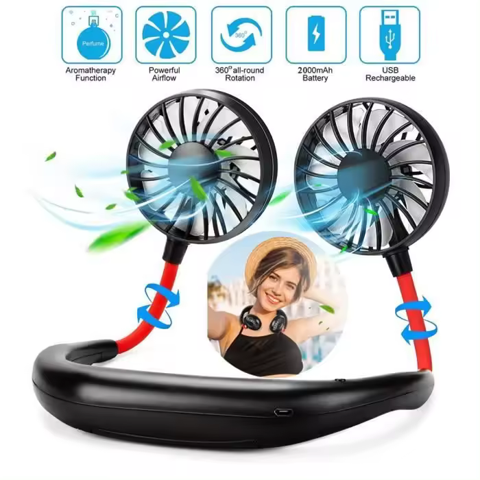 Mini Ventilador de Cuello Aire Acondicionado Portátil USB, 3 Velocidades Ajustables, Rotación de 360° - Doble Cabezal - Ventilador Deportivo con - 1