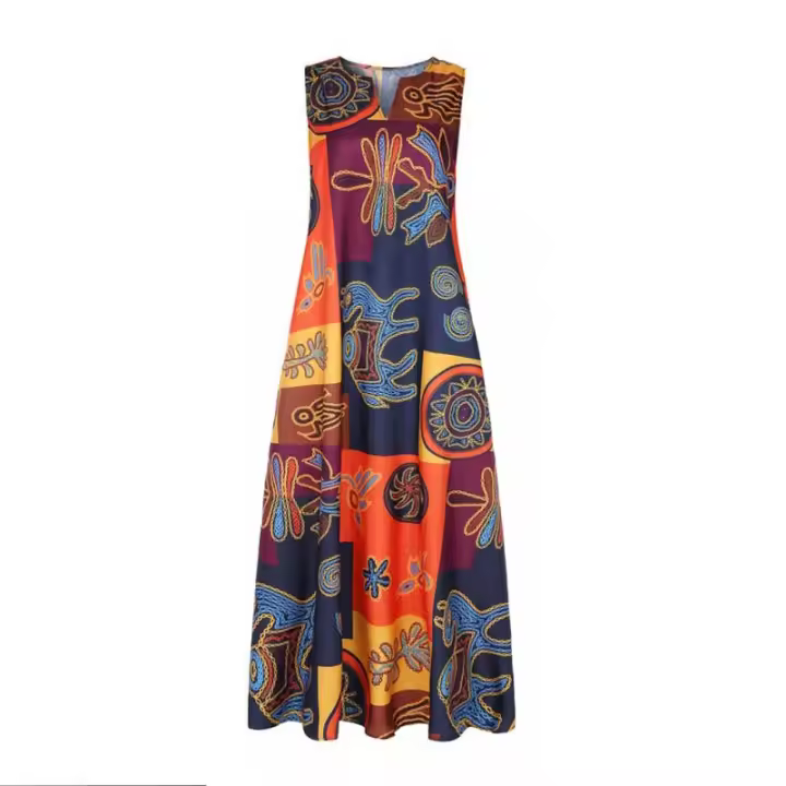 Ethnic Print V Neck Dress Vintage Sleeveless Summer Maxi Dress with Pockets Women Clothing - 1