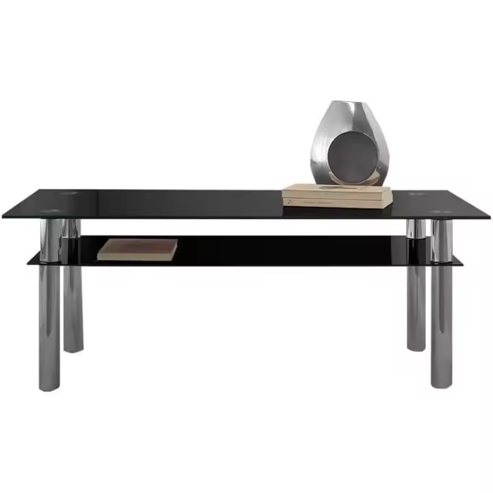 Mesa de Centro Rectangular HOGARDECORA en Cristal Templado Negro y Estructura de Acero Plata - 1