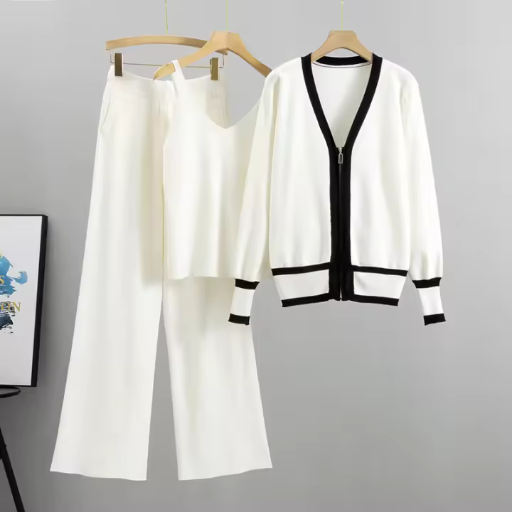 Nuevo Conjunto De Moda 3 Piezas Para Mujer Traje De Prensión Con Chaleco Sexy + Chaqueta De Cremallera Larga + Pantalones De Cintura Elástica - 1