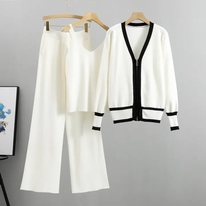 Nuevo Conjunto De Moda 3 Piezas Para Mujer Traje De Prensión Con Chaleco Sexy + Chaqueta De Cremallera Larga + Pantalones De Cintura Elástica - 1