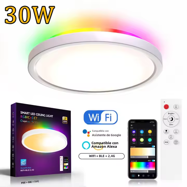 Lámpara de Techo LED Inteligente de 30W Remote Control, Control de Voz, Luces Google Home - 1