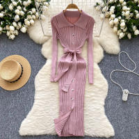 Vestido De Punto Para Mujer REALEFT Otoño Invierno Con Cinturón Cuello Polo De Mano Sola Manga Larga Ajuste Cintura Alta Vestido De Trabajo - details 2