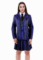 Disfraz de Miércoles Niña Mujer, Uniforme Escolar Azul Gris a Rayas Familia Addams Cosplay para Halloween Carnaval - details 4