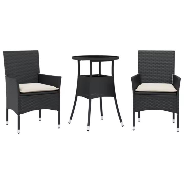 vidaXL Set comedor jardín 3 pzas cojines ratán sintético vidrio negro - 1
