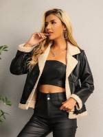 Chaqueta De Cuero PU Con Panel De Oso Moda Feminina Vintage Cuello Alto Doble Botones Corte Corto Para Mujer - details 3