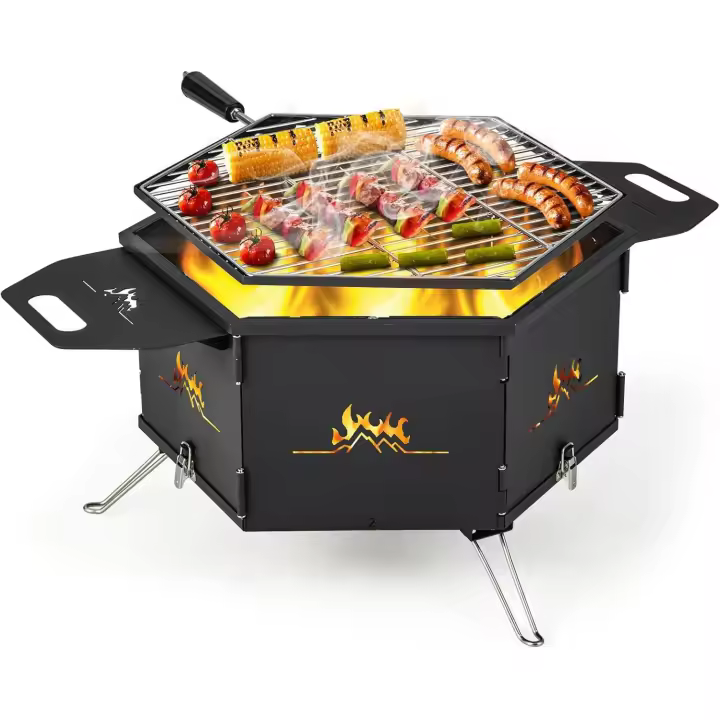 Barbacoa 2 en 1 de Camping, Carbón y Leña Portátil Con 2 Asas y Parrilla Giratoria de 360°, Plegable de Acero Inoxidable Para Viajes, Fiesta, Hoguera - 1