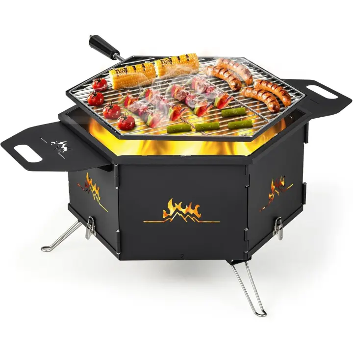 Barbacoa 2 en 1 de Camping, Carbón y Leña Portátil Con 2 Asas y Parrilla Giratoria de 360°, Plegable de Acero Inoxidable Para Viajes, Fiesta, Hoguera - 1