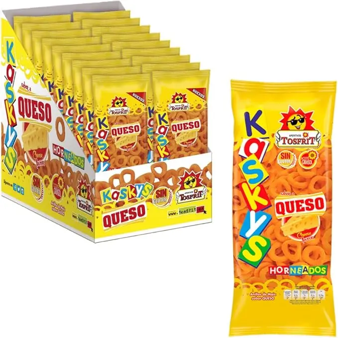 Tosfrit Aperitivos Caja de Kaskys Queso Tosfrit - 12 Bolsas de 100g - Aros de Maíz Horneados Sabor a Queso - 1