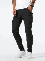 Pantalones De Mezclilla Ajustados Para Hombre Estilo Calleje Con Múltiples Bolsillos Y Cierre De Cremallera Jeans De Color Sólido Casual Para Uso Diario - details 6