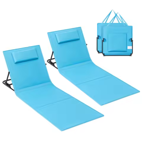 SONGMICS Juego de 2 Tumbonas de Playa, Tumbona, Cojín, Respaldo Basculante, Portátil con Asa, para Camping Jardín Piscina, 158 x 55 cm, Azul Cielo/Gris Pizarra - 1