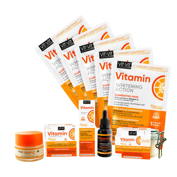 Tratamiento Facial Antimanchas e iluminador con Vitamina C y Niacinamida. Kit Skincare Pack de Serum, Crema, Discos Exfoliantes y 5 Mascarillas  Cosmética Facial VIT VIT COSMECEUTICALS VITAMIN C Diet Esthetic