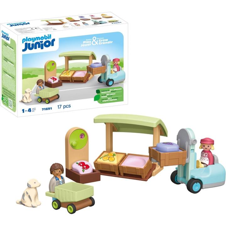 PLAYMOBIL Junior 71691 Puesto ecológico y Carretilla elevadora, Incluye Carrito de Compras y Cajas, Juguete sostenible Hecho de plásticos a Base de Plantas, Juguetes para niños a Partir de 1 año