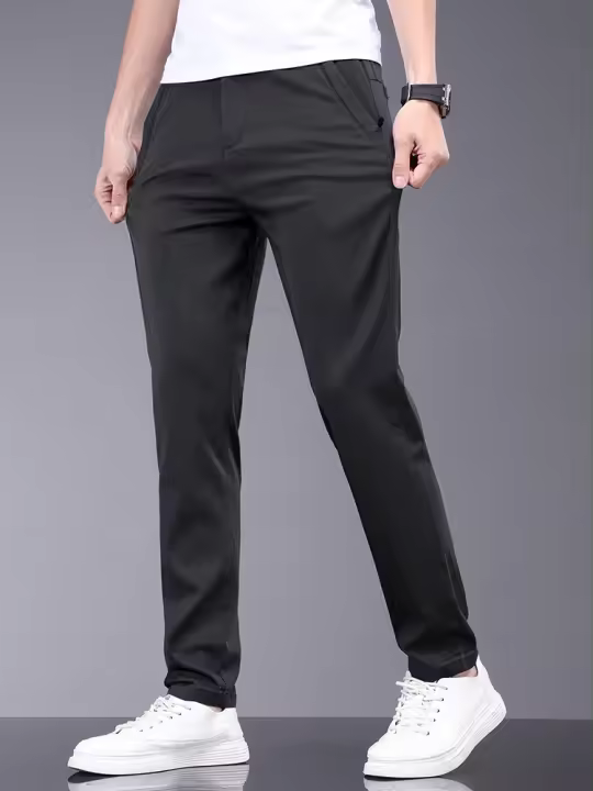 Pantalones Casuales Para Hombre De Fibra De Bambú Verano Transpirables Elásticos Slim Straight Negro Gris Cierre De Cremallera - 1
