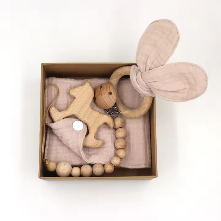Juego De Toalla De Algodón Muselina Para Bebe With Mordidor De León De Madera Y Cadena De Chupete Suave Para Recién Nacidos Unisex 0-1Años - 1