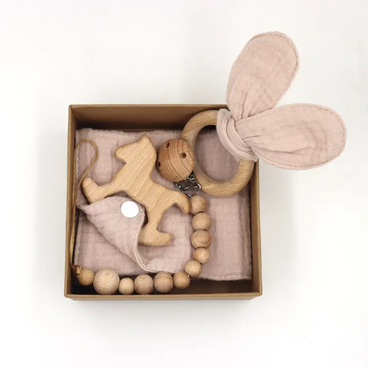 Juego De Toalla De Algodón Muselina Para Bebe With Mordidor De León De Madera Y Cadena De Chupete Suave Para Recién Nacidos Unisex 0-1Años - 1