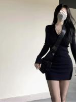 Vestido Bodycon Elegante De Mujer Minimalista En Ribbed Negro Con Cierre Media-Zip Y Manga Larga Para Ropa Diaria - details 2