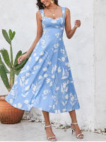 NewAsia Vestido Midi Sin Mangas Para Mujer Con Estampado Y Cuello En V Dos Capas Sin Espalda Casual Verano Azul - details 3