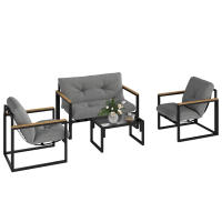 Outsunny Conjunto de Jardín Exterior de 4 Piezas Muebles Jardín Exterior con 2 Sillones y 1 Sofá de 2 Plazas con Cojines y Mesa de Centro con Tablero de Vidrio Templado Gris y Negro - details 0