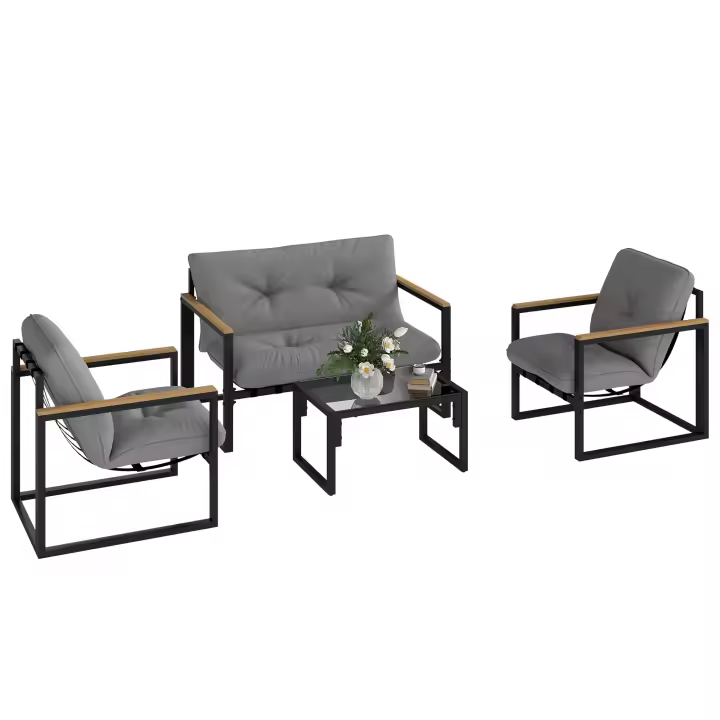 Outsunny Conjunto de Jardín Exterior de 4 Piezas Muebles Jardín Exterior con 2 Sillones y 1 Sofá de 2 Plazas con Cojines y Mesa de Centro con Tablero de Vidrio Templado Gris y Negro - 1