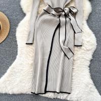 Vestido Bodycon Largo Elegante Con Ribbed Contrastado Tejido Muy Estirable Para Mujer Otoño Invierno Con Cinturón Y Bandage Streetwear Vestido De Mujer - details 11