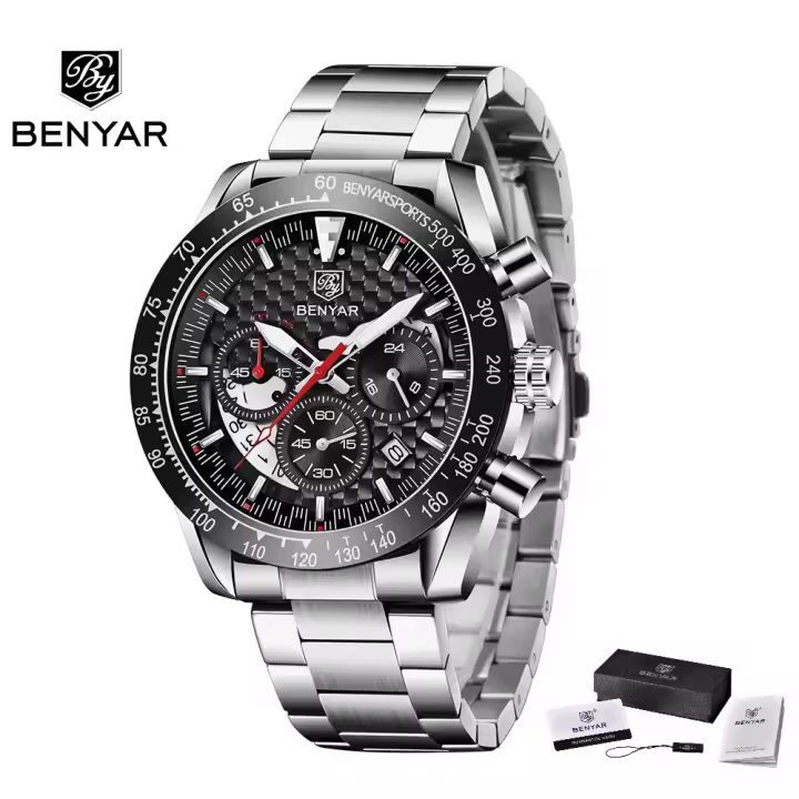 Reloj De Pulsera Deportivo De Lujo Para Hombre BENYAR Con Correa De Cuero Resistente Al Agua Y Cuarzo Militar Marca Nueva - 1