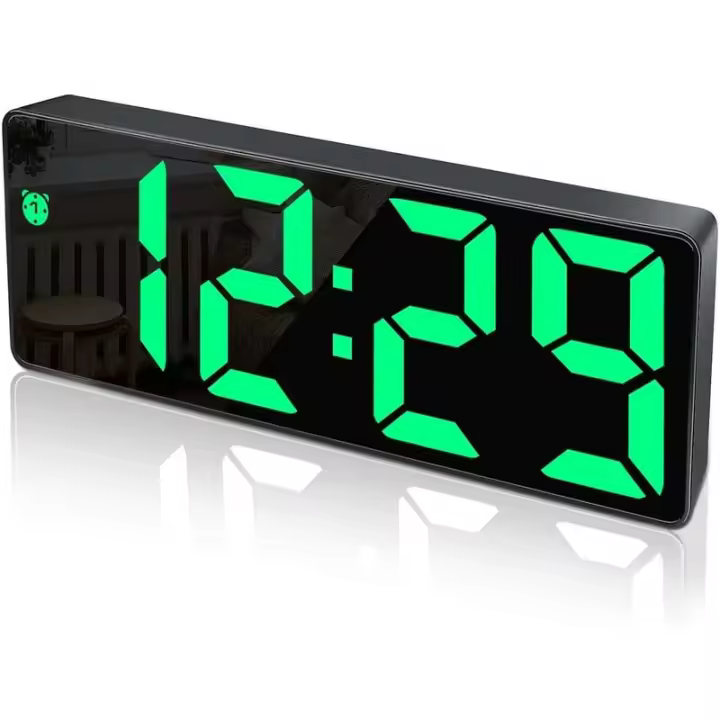 Reloj despertador digital, pantalla LED grande, reloj de superficie de espejo con función de repetición y brillo, conexión de carga USB ajustable - 1
