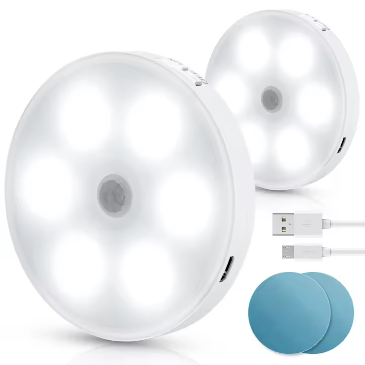 Aigostar 2 Piezas 6500K Luz Nocturna Magnética LED con Sensor de Movimiento, Luz Armario Adhesiva USB Recargable, 0.5W Luz Noche para Habitación, Pasillo, Cocina, Escaleras - 1