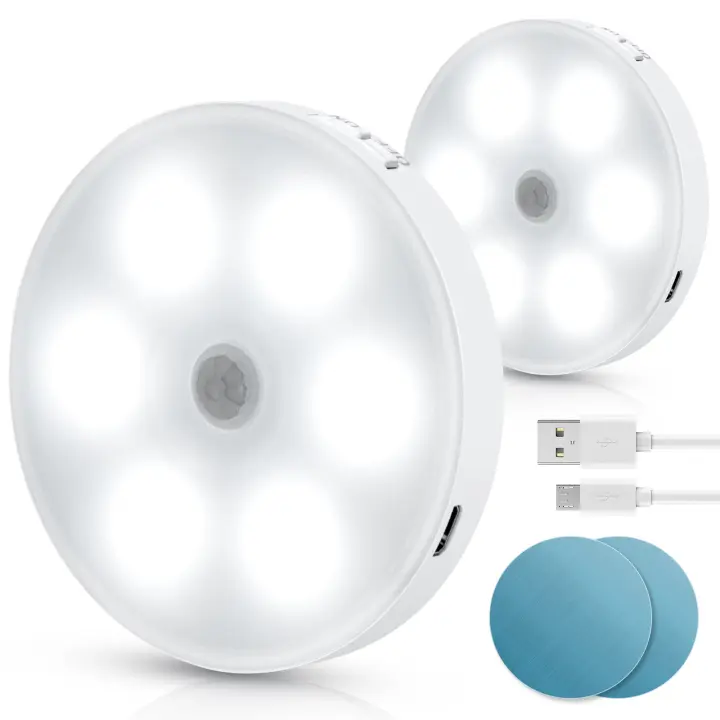 Aigostar 2 Piezas 6500K Luz Nocturna Magnética LED con Sensor de Movimiento, Luz Armario Adhesiva USB Recargable, 0.5W Luz Noche para Habitación, Pasillo, Cocina, Escaleras - 1