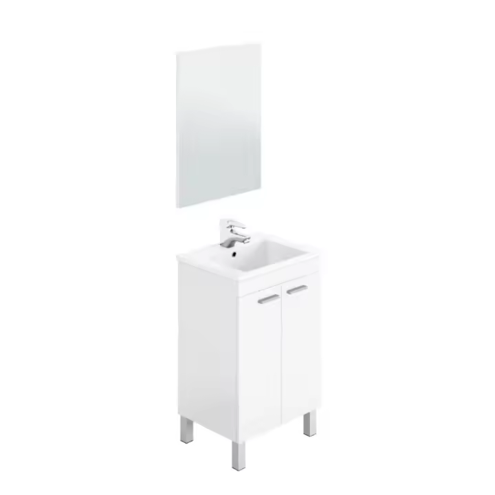 Meimon KONCEPT Mueble de baño blanco brillo con espejo incluido, 2 puertas, tiradores ABS, patas aluminio, sin lavabo, 50x40x80 cm, tablero melaminizado TIPO E1, bisagras metálicas, incluye herrajes de fijación, compatible con lavabo - 1