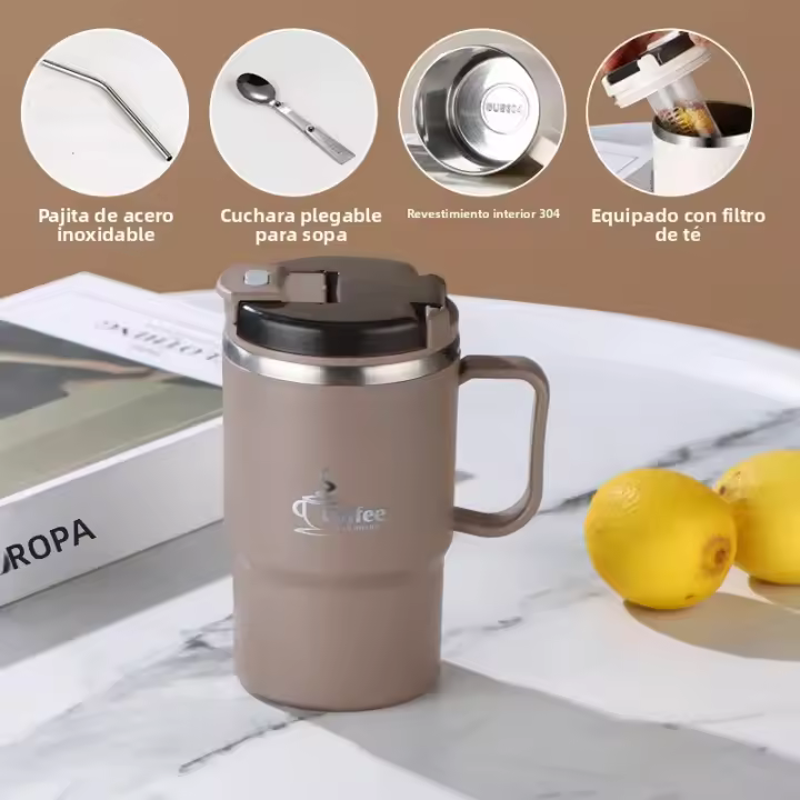 Taza De Café Aislada De 550ml De Acero Inoxidable 304 Con Tapa Y Cuchara Strainer Portátil Para Oficina Y Viaje - 1
