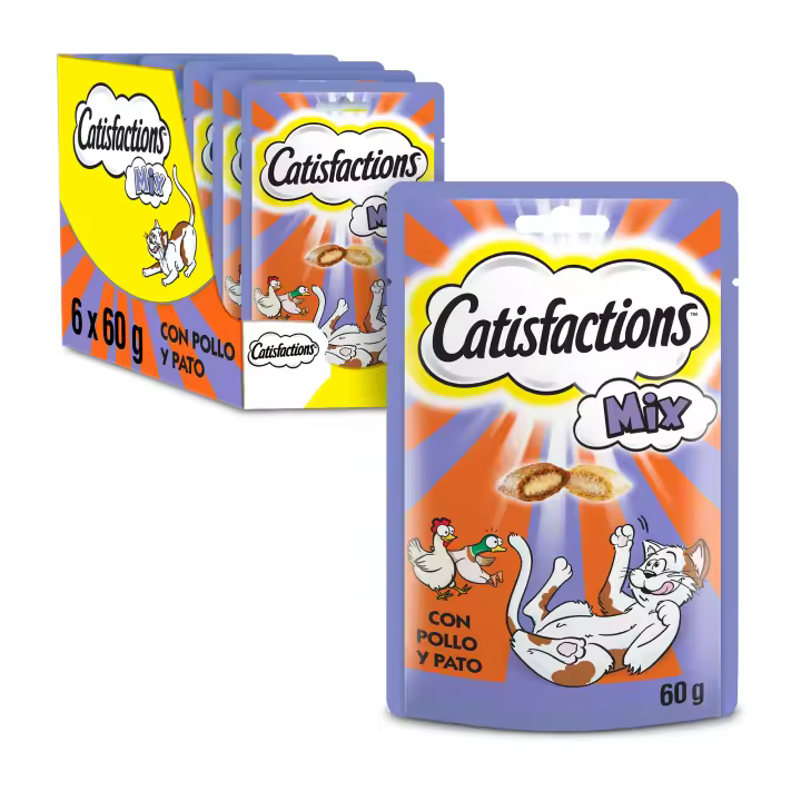 Catisfactions Premios para Gatos, Sabor Mixto de Pollo y Pato (Pack de 6 x 60g) - 1