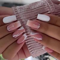Juego De 24 Uñas Postizas Con Diseño De Flor Y Forma De Coffin Largas Ballerina Frases Francesas Acrílicas Cubiertas Por Encima Para Uñas Artísticas - details 8