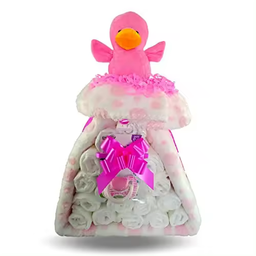 Tarta De Pañales Cigüeña Para Niña Con Manta, Chupete, Peluche y Pañales Dodot - 1