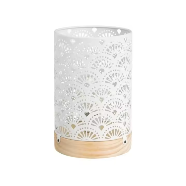 Dcasa Lámpara de mesa decorativa a pilas arabesca de metal blanco y madera de Ø 13x20 cm - 1