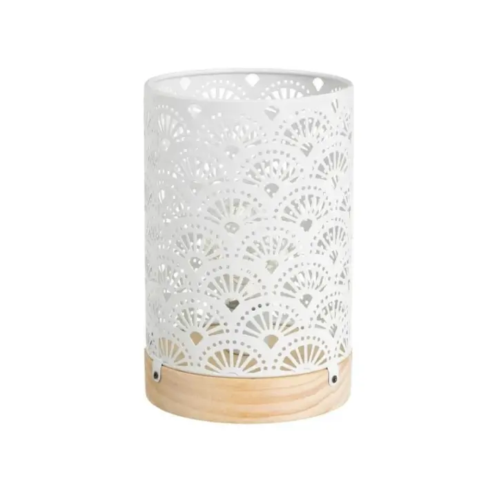 Dcasa Lámpara de mesa decorativa a pilas arabesca de metal blanco y madera de Ø 13x20 cm - 1