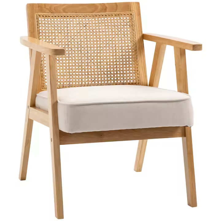 HOMCOM Butaca de Salón Sillón de Salón con Reposabrazos Respaldo de Ratán y Marco de Madera de Caucho Butaca para Dormitorio Sala de Estar Carga 120 kg Natural y Beige - 1