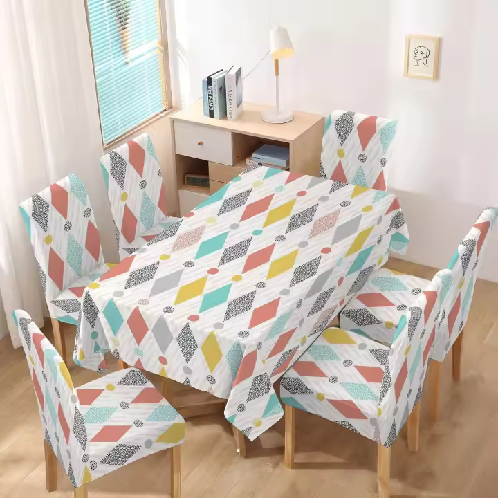 TODOBIEN STORE - Juego de Mantal y Funda de Silla, Mantel de Mesa Rectangulo 140 x 220, 6 Fundas para Silla con Elastico, 100% Poliester, Estampado Moderno. - 1
