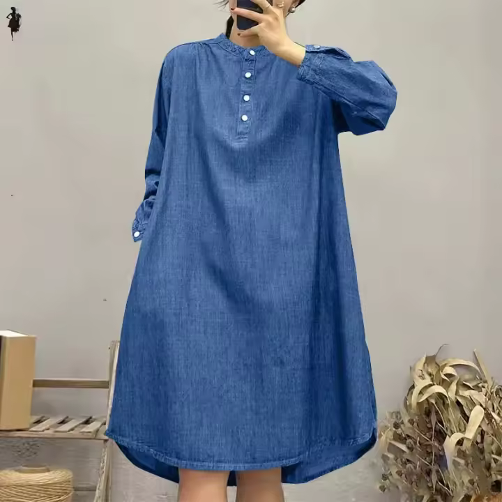 ZANZEA Vestido De Camisa Para Mujer Estilo Vintage Cuello En Pie Botones Manga Larga Casual Longa Suelta Mini Vestido Manga Larga Estilo Vintage Para Otoño Con Bolsillos - 1