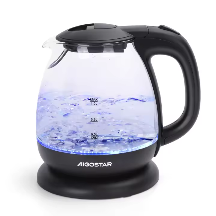 AIGOSTAR Hervidor de Agua Eléctrico - Vidrio de Borosilicato, Iluminación LED, Rápida Ebullición. Protección Contra La Ebullición en Seco. (1L, 2200W) - 1