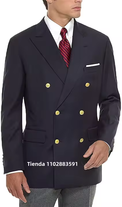 Chaqueta De Novia Azul Oscuro Para Hombre Con Botones Dorados Traje De Sirviente Slim Fit Doble Breasted Casual Negocios Solo Masculino - 1