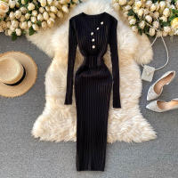 Vestido Bodycon Elegante De Mujer REALEFT Otoño Invierno 2024 Con Cinturón Y Botones De Manga Larga Estilo Casual Longitud Pierna - details 1