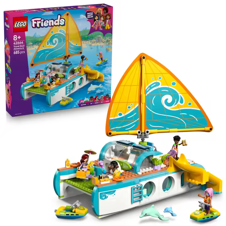 [PREVENTA] LEGO® Friends Aventura en el Barco de Viaje Kit de Construcción, Juguete, Juego de Interpretación para Niñas y Niños de 8 Años o Más, 4 Minipersonajes y 2 Figuras de Delfines 42664 - 1