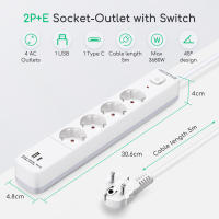 Aigostar Regleta alargador de 4 enchufes con cable de 1.5/3/5 metros e interruptor de USB+TYPE C - details 1